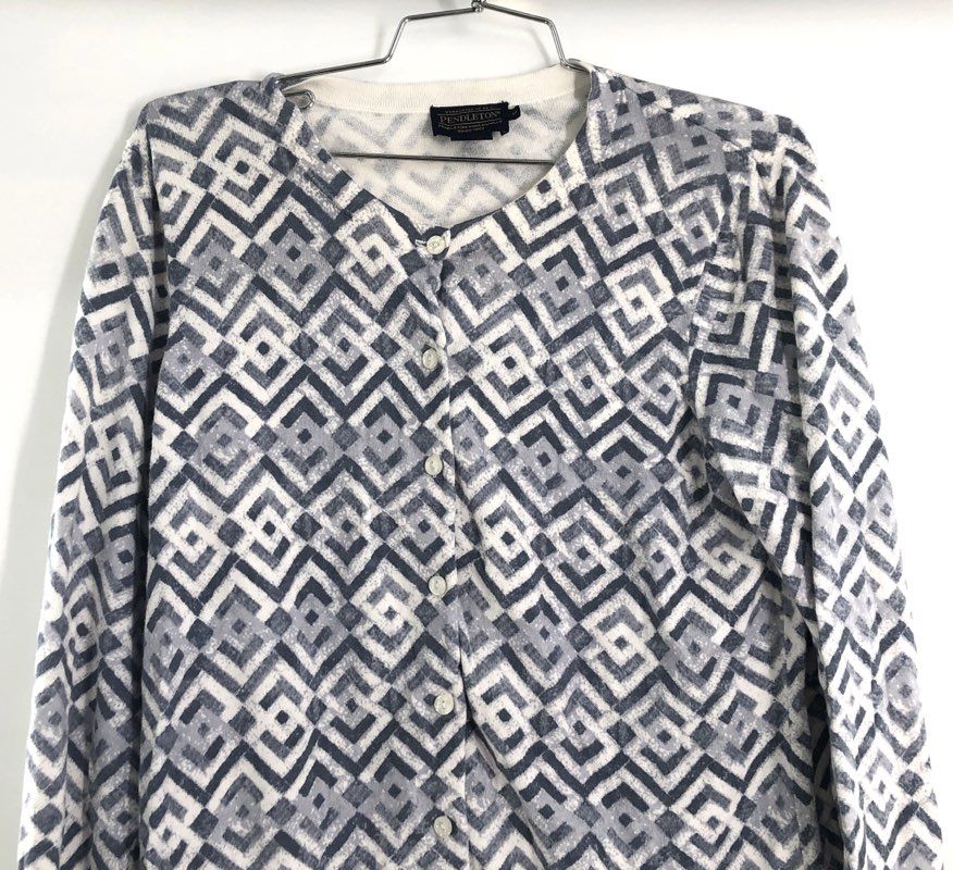 Pendleton Women's Blue Gray Geometric Maze Pattern Cotton Button Cardigan Sz M