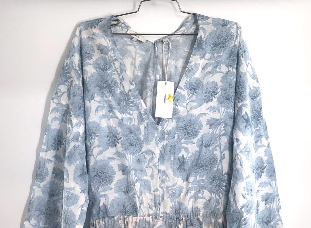 Vince Women's Blue White Floral Rayon V-Neck High-Low Cut-Out Back Dress L NWT