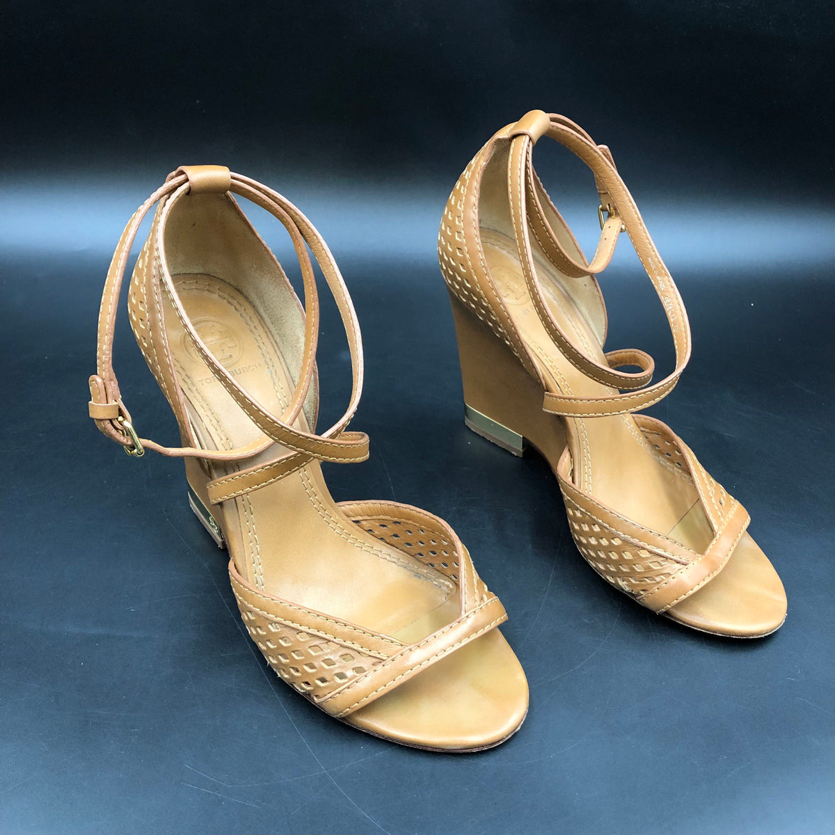 Tory Burch Gigi Light Brown Leather Peep Toe Wedge Sandals Size 7 COA