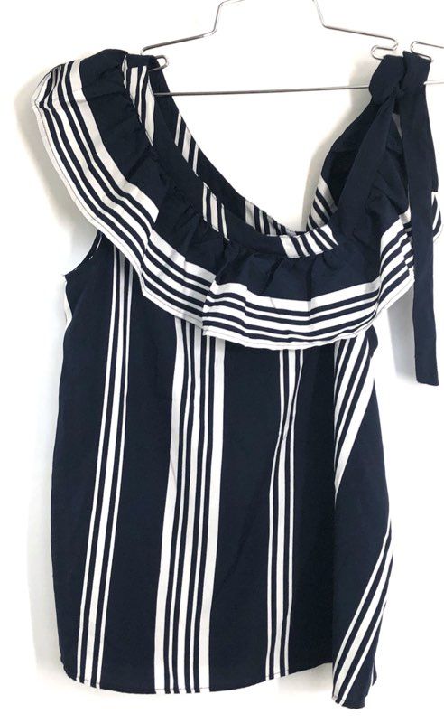ONLY Women's Navy Blue White Striped Ruffle One Shoulder Blouse Top Sz 36