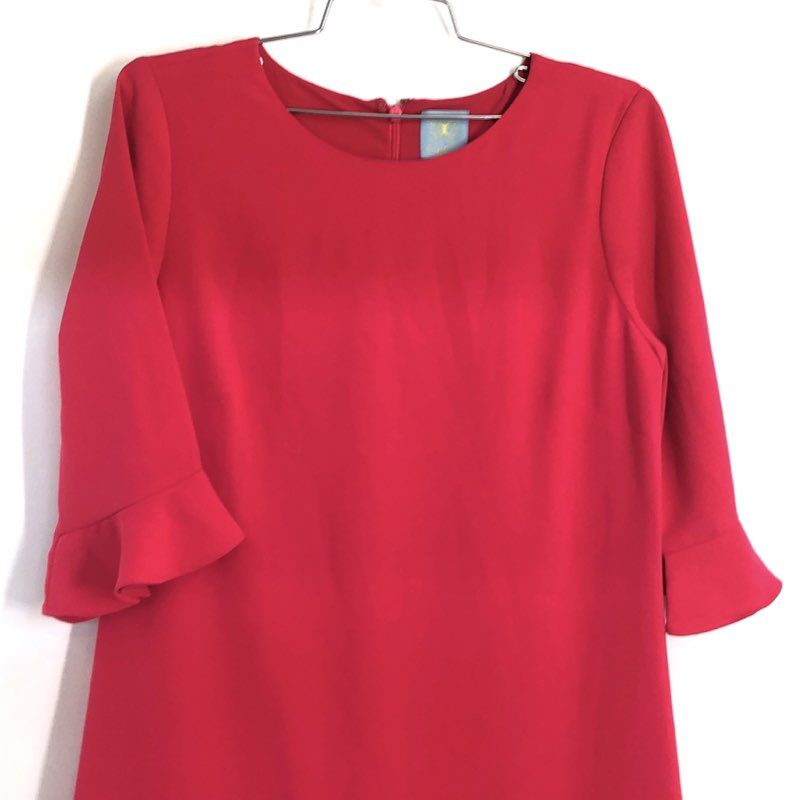 CeCe Women's Red Ruffle Hem & 3/4 Sleeve Crepe Shift Dress Sz 4