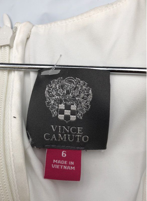 Vince Camuto Women's White V-Neck Twisted Knot Waist Puff Sleeve Dress Size 6