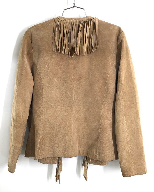 A.M.I. Women's Sand Tan Leather Fringe Western Open Front Jacket Size L
