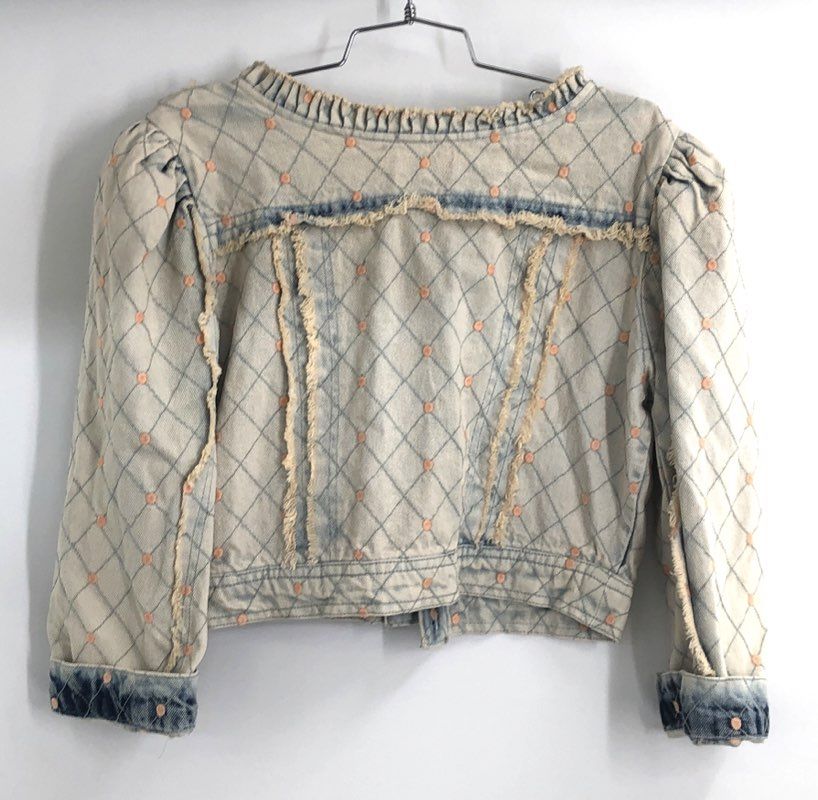 Gina Bowhill Women's Coco Denim Jacket White Quilted Frayed Puff Sleeve Sz M NWT
