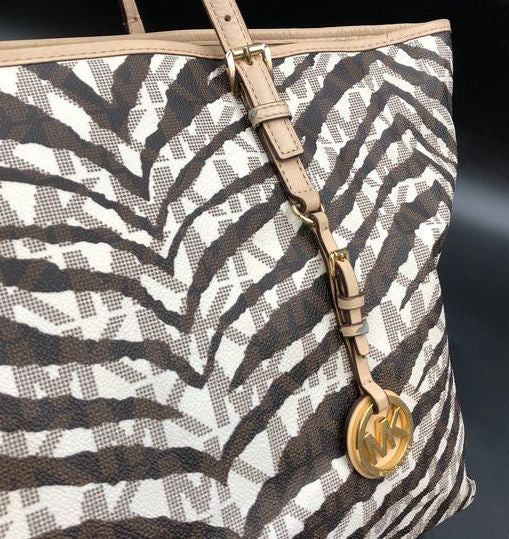 Michael Kors Cream White/Brown Signature Zebra Print Tote w/ Leather Trim (+COA)