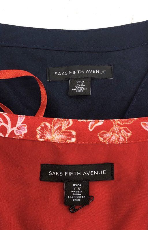 Saks Fifth Avenue Women's Pleated Long Sleeve Button Front Dress Set Navy Red L