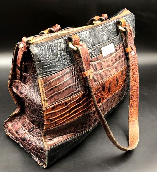Brahmin Vintage Brown Black Croc Embossed Leather Tote Bag COA