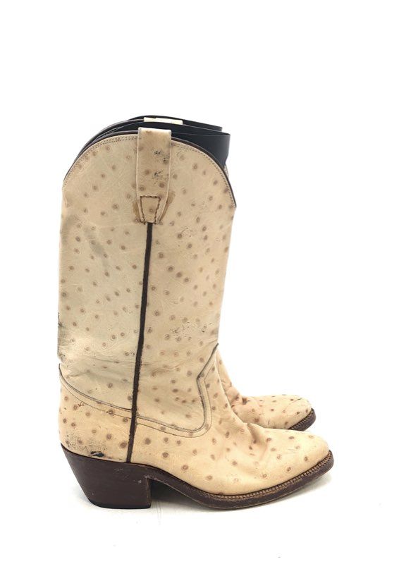 Women&#39;s Cream Leather Mid-Calf Cowgirl Western Boots - Size Measured