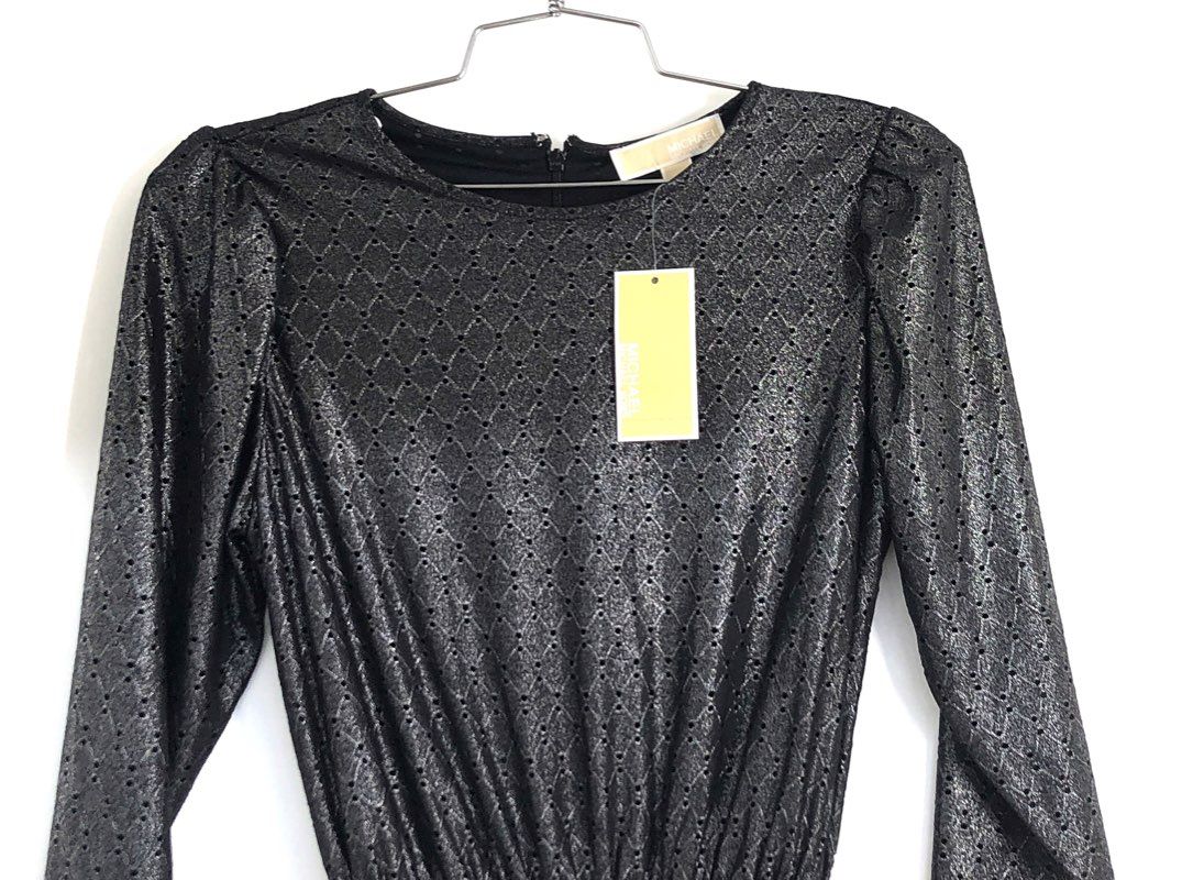 Michael Kors Women's Black Silver Metallic Eyelet Tiered Ruffle Dress Sz S NWT