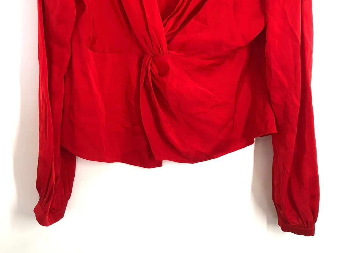 Intermix Women's Dawn Knot Front Silk Blouse Red Coral Deep V-Neck NWT Sz 4