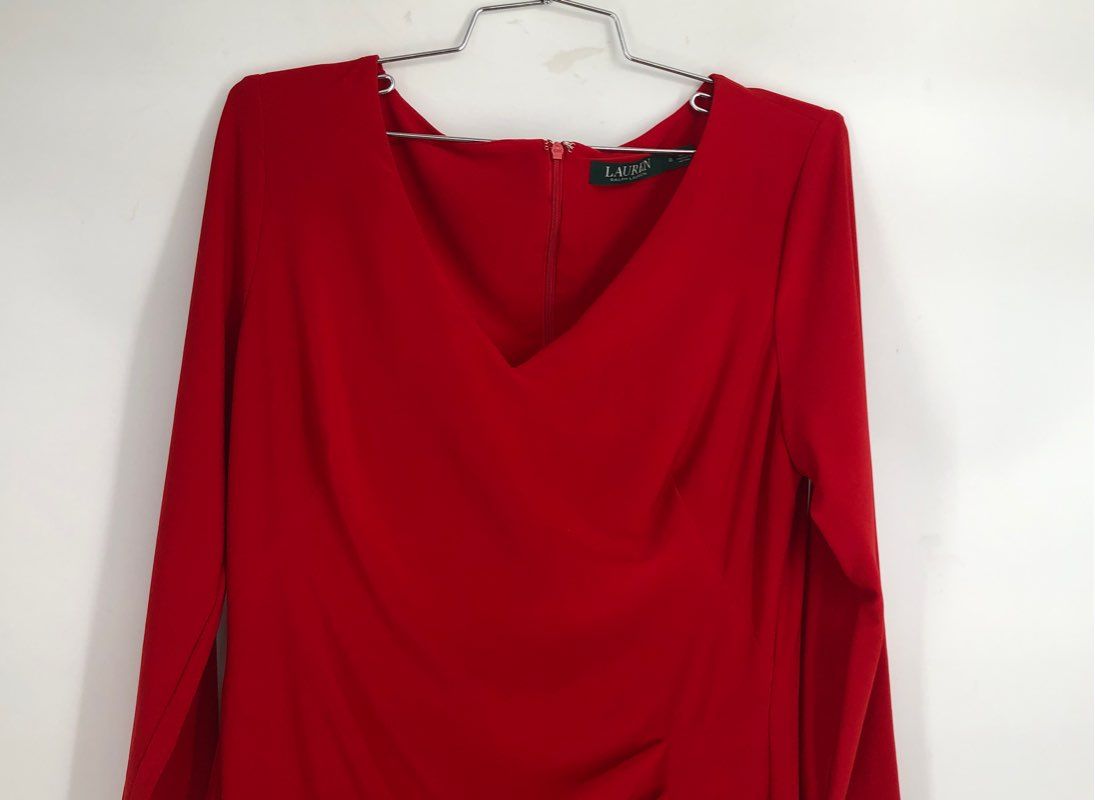 Lauren Ralph Lauren Women's Orient Red Ruched Side V-Neck Dress NWT Sz 8