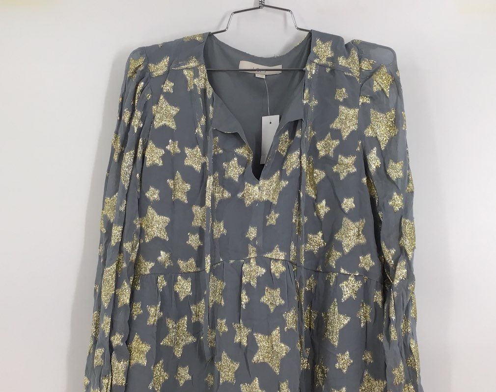 NWT Loft Women&#39;s Gray Star Print Long Sleeve Tie Neck Shift Dress - Size Small