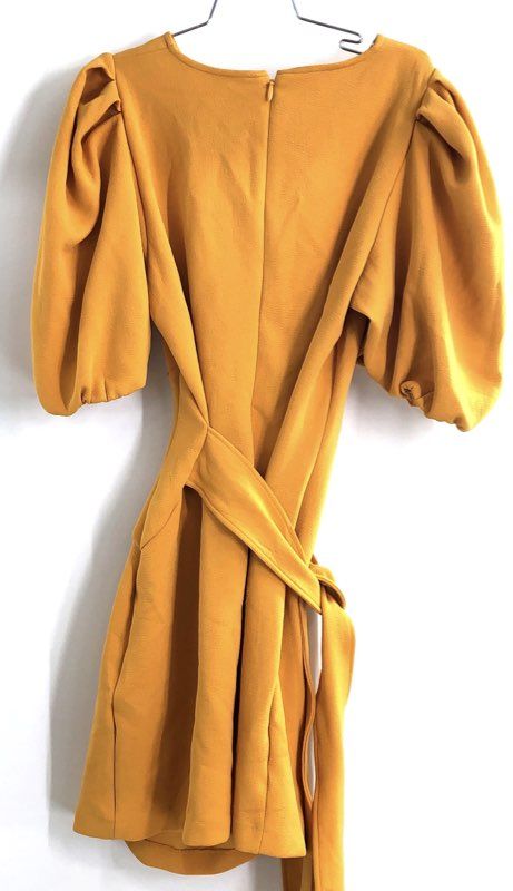 New York & Company Women's Mustard Yellow Puff Sleeve Tie Waist Dress NWT Sz XL