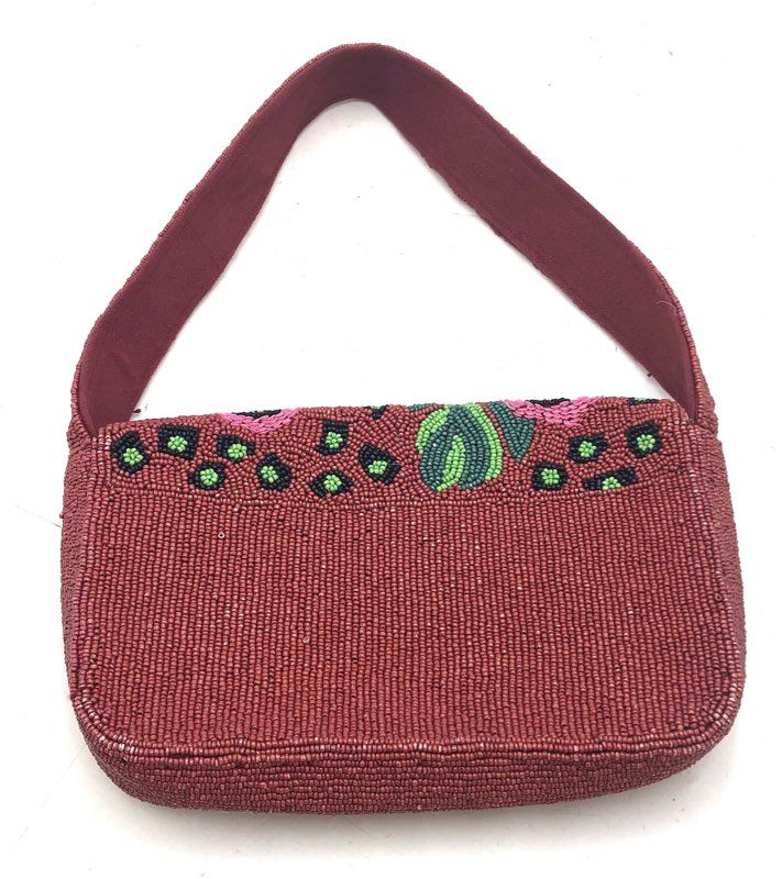 America Beyond Burgundy Beaded Floral Shoulder Baguette Bag Pink Green Small