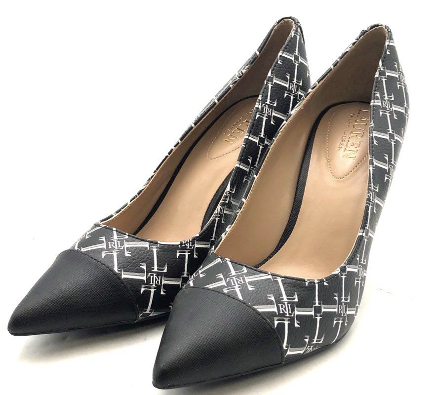 Lauren Ralph Lauren Monogram Cap Toe Pointed Toe Pumps Black White Size 7B