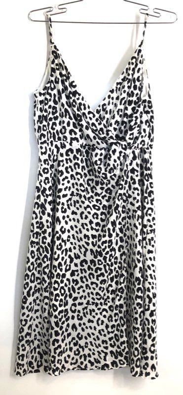Express Women Leopard Print V-Neck Spaghetti Strap Wrap Dress White Black NWT XS