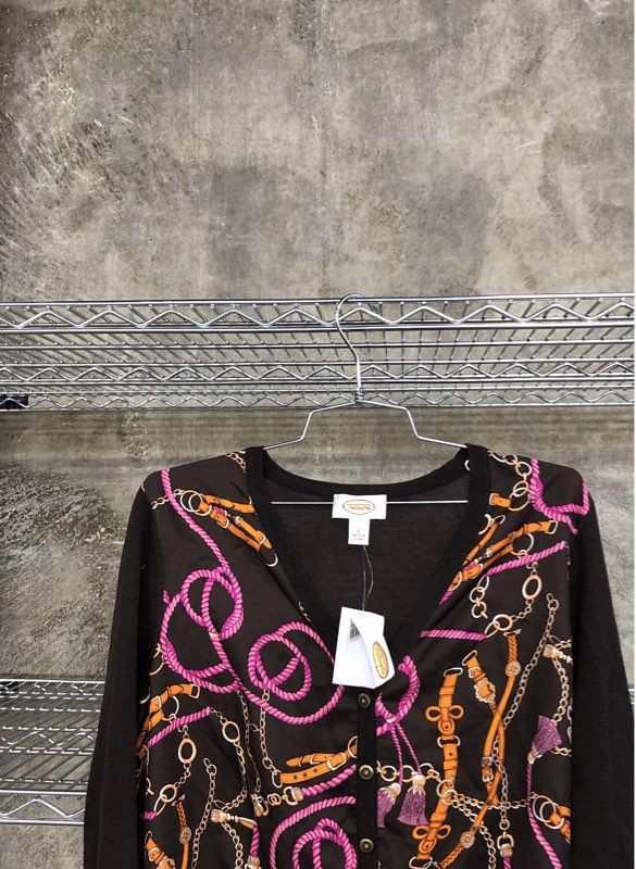 Talbots Women's Cardigan Sweater Brown Scarf Print Equestrian NWT Size L