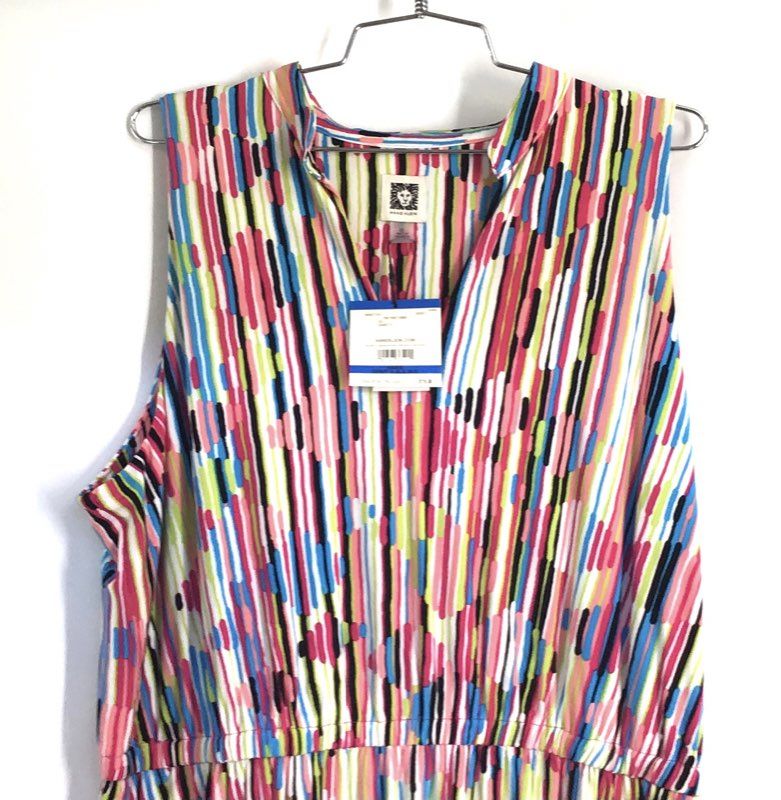 Anne Klein Women's Pink Pansy Combo Multicolor Stripe Sleeveless Dress XL NWT