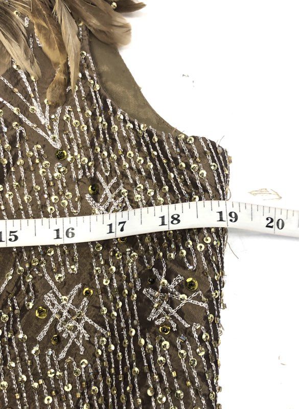 Vintage 90s Victoria Royal Women's Brown Silk Beaded Feather Gown Dress Sz 12