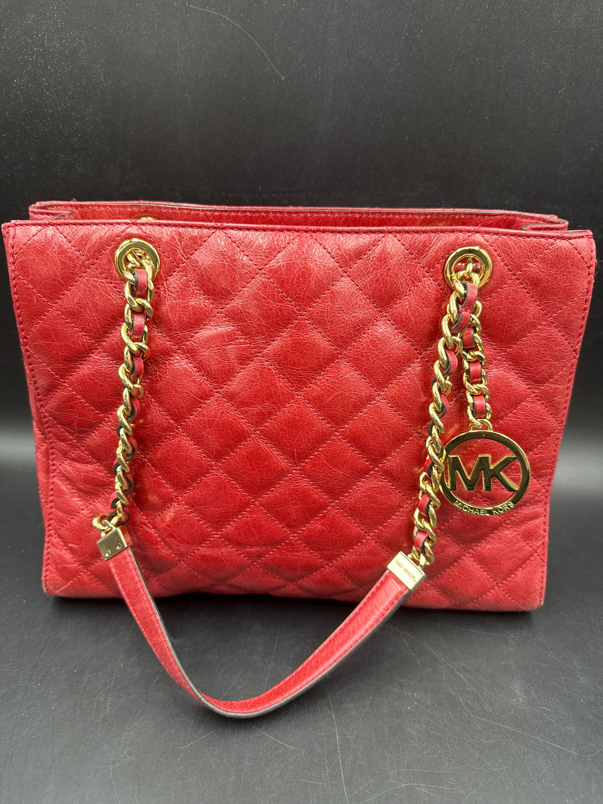 Michael Kors Red Quilted Leather Susannah Small Tote Bag Gold Hardware COA