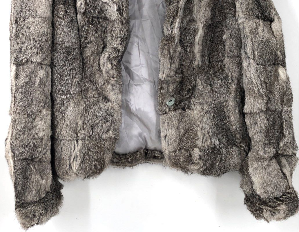 Vintage 80s Women's Gray Rabbit Fur Jacket Coat Patchwork Single Button Sz L