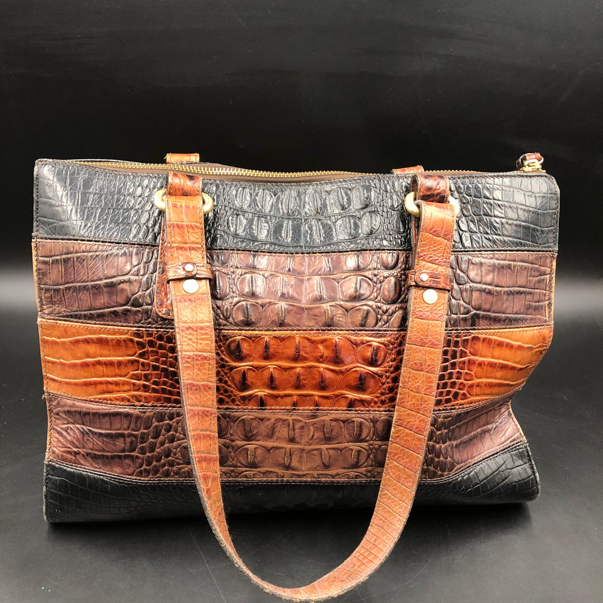 Brahmin Vintage Brown Black Croc Embossed Leather Tote Bag COA