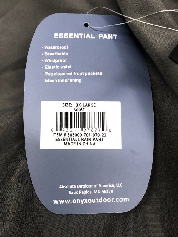 Onyx Men's Gray Essentials Waterproof Windproof Mesh Lined Rain Pants NWT Sz 3XL