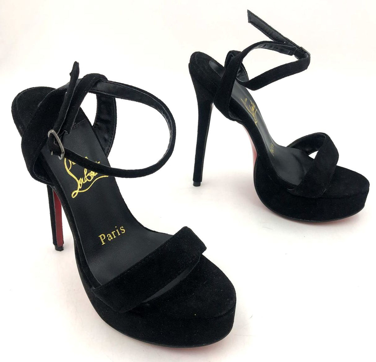 Christian Louboutin Inspired Women's Black Velvet Red-Sole Heels - Size 35