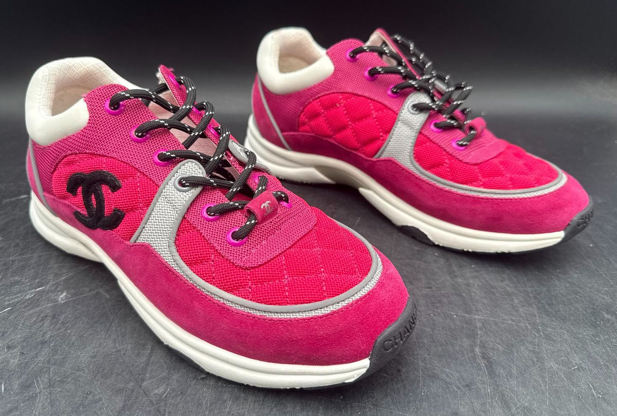 Chanel Inspired Women's Fuchsia Pink/Silver/White CC Logo Sneakers - Size 41