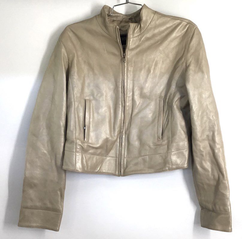 Vintage Y2K Ambition New York Women's Leather Jacket Tan Full Zip Cropped M