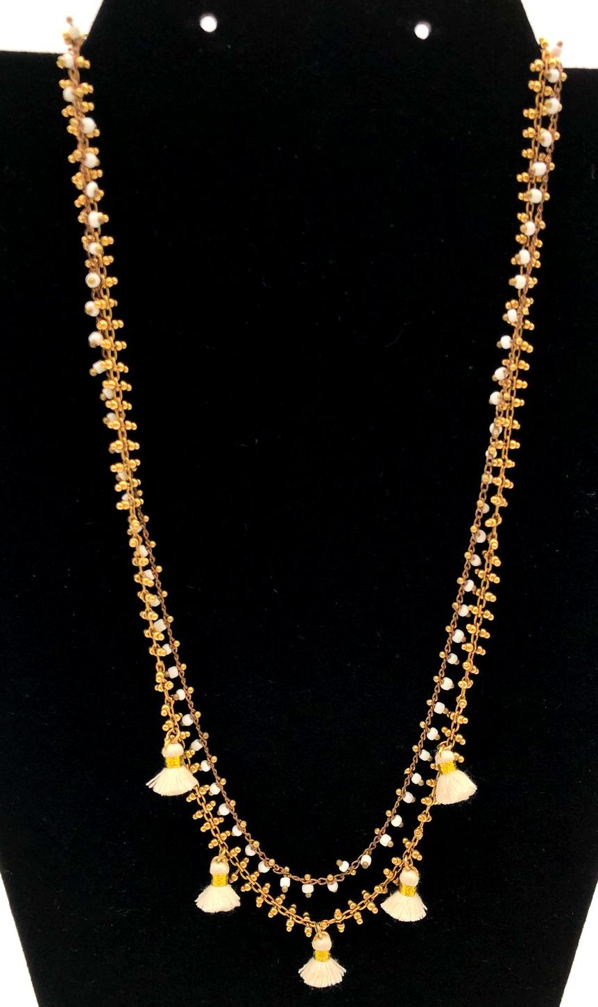 Catherine Popesco Gold Tone White Double Strand Tassel Beaded Necklace 18"