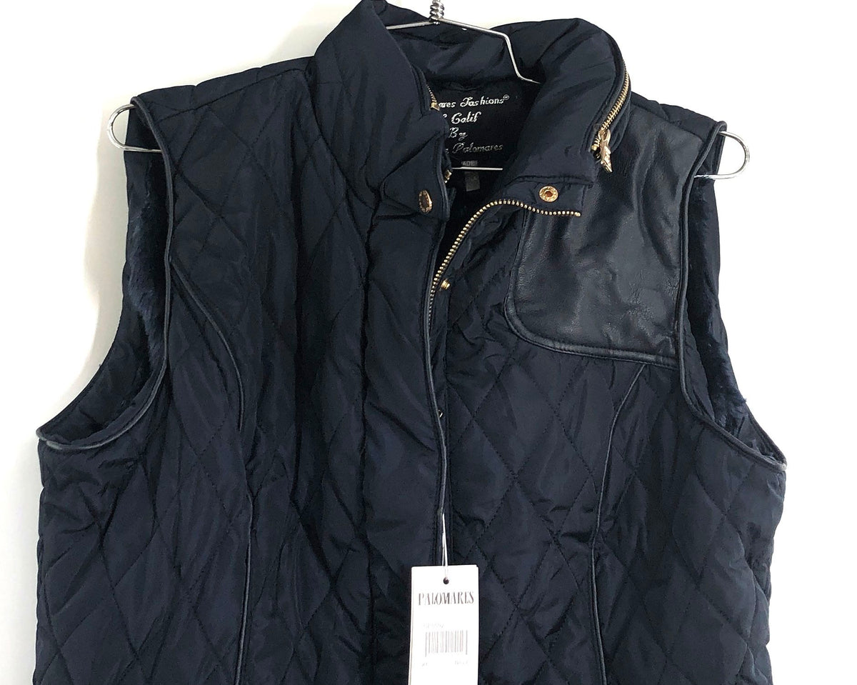 Palomares Fashions Of Calif Women's Navy Quilted Vest Faux Fur Lined NWT Sz XL