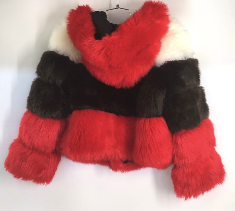 Vintage Y2K Reptailhawke USA Women's Red Cream Brown Faux Fur Hooded Coat Sz L