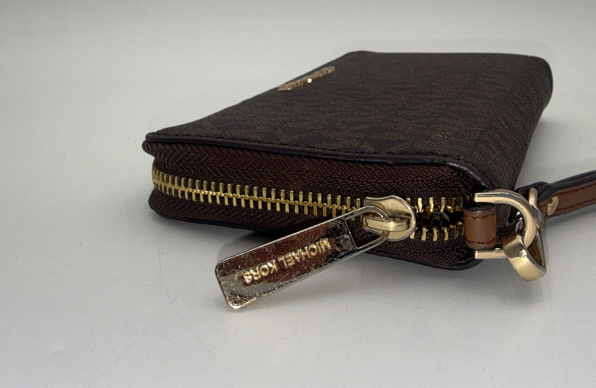 Michael Kors Brown Monogram Jet Set Travel Continental Zip Around Wristlet