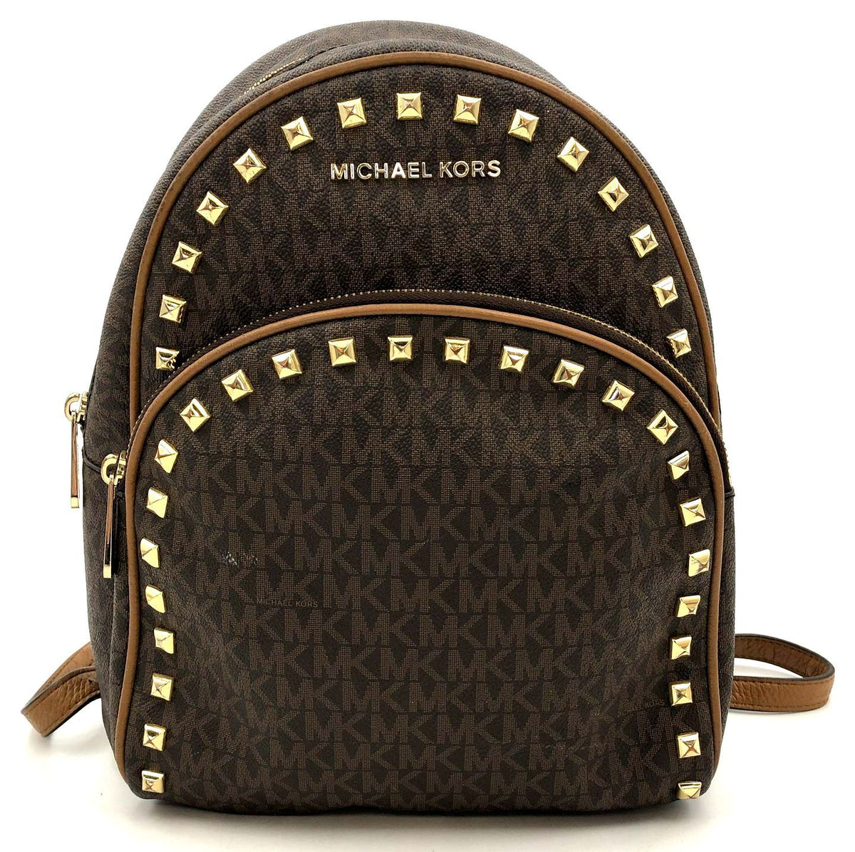Michael Kors 'Abbey' Brown Signature Print Backpack w/ Gold Studded Trim (+COA)
