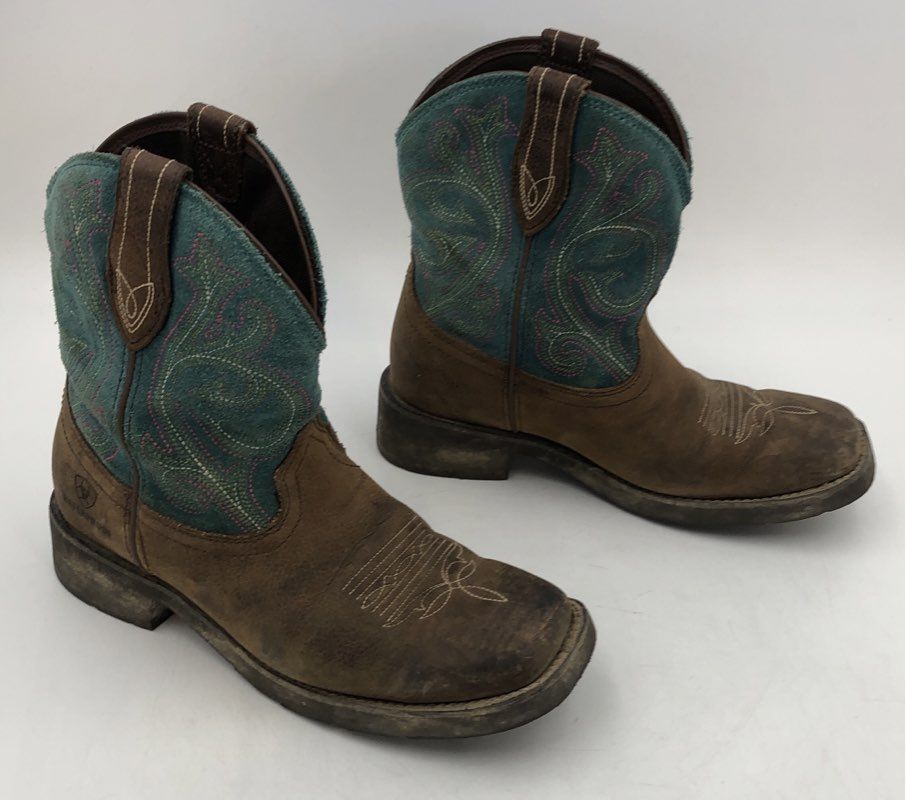 Ariat Fatbaby Waterproof Western Roper Boots Brown Teal Embroidered Size 7B