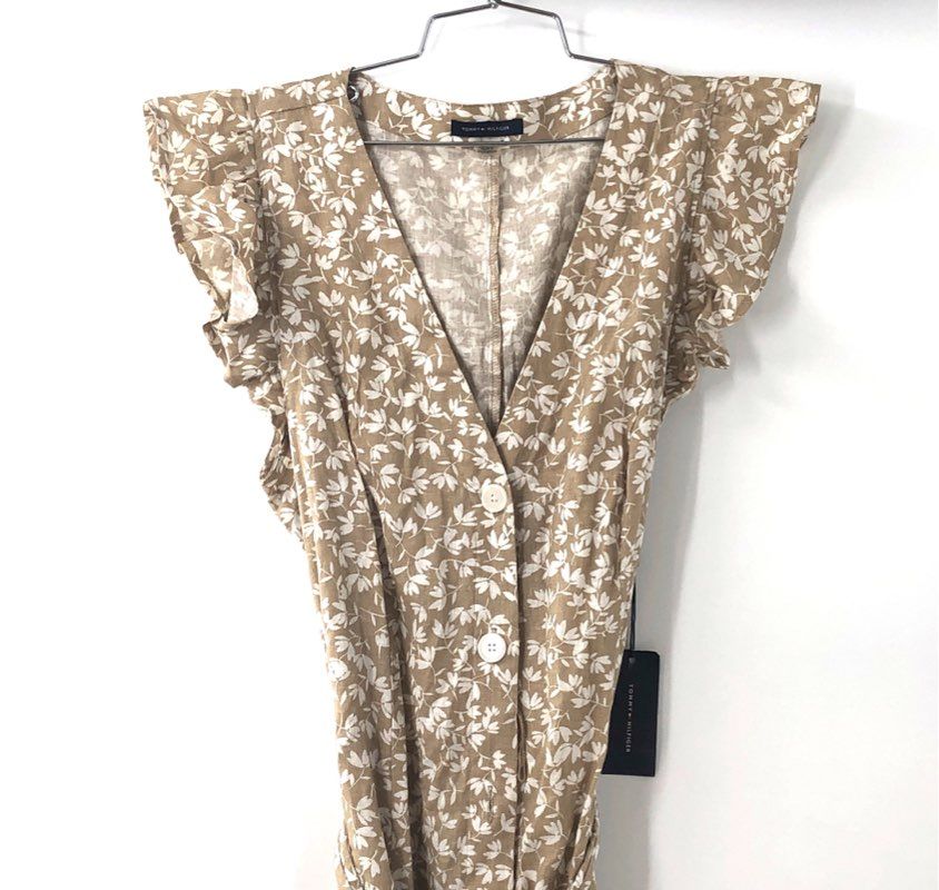 Tommy Hilfiger Women's Tan Floral Button Front Ruffle Midi Dress Sz 14 NWT