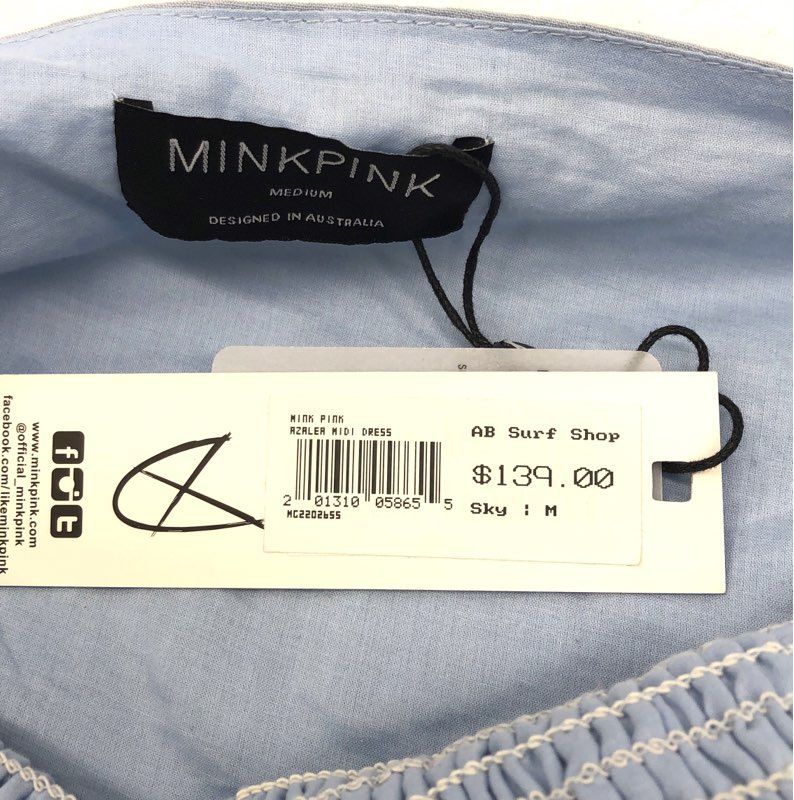 Minkpink Women's Azalea Midi Dress Sky Blue NWT Cotton Linen Smocked Sz M