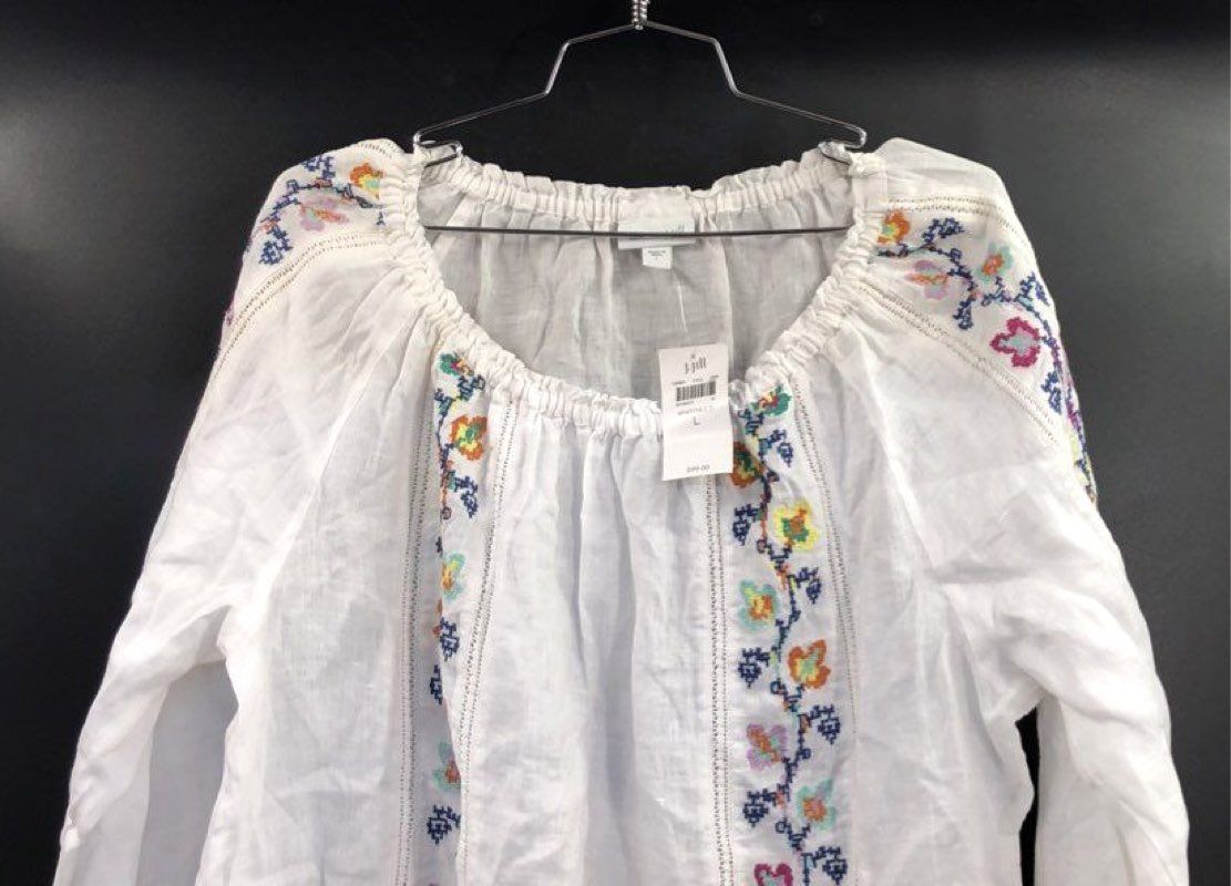 J. Jill Women's Love Linen Embroidered Floral Peasant Blouse White Multi Sz L
