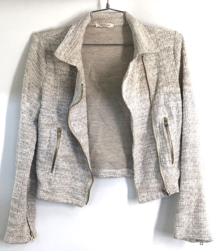 Cozy Fox Women's Asymmetrical Zip Moto Jacket Cream Textured Tweed Sz S