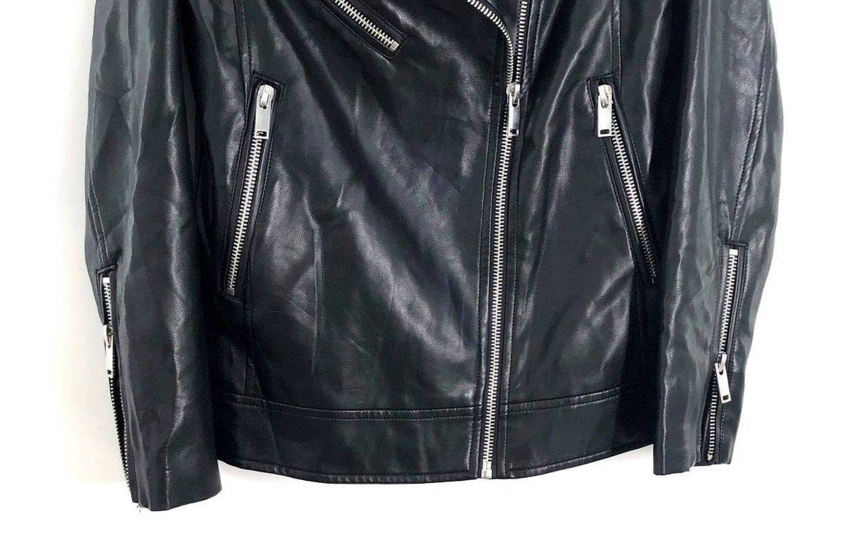 Avec Les Filles Women's Black Asymmetrical Zip Faux Leather Moto Jacket Sz XS