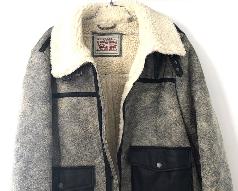 Levi Strauss Men's Gray Faux Leather Shearling Rancher Aviator Coat Sz XL