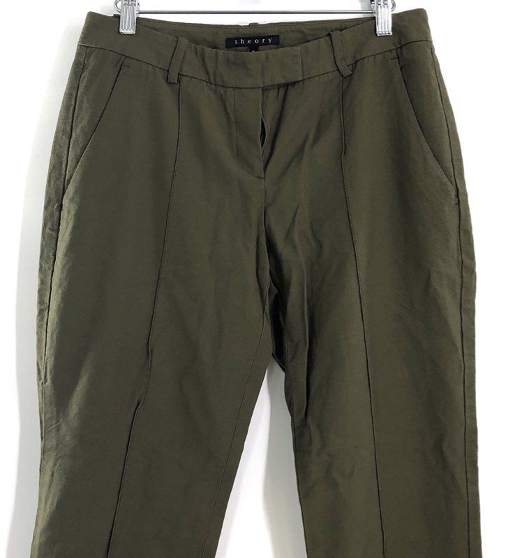 Theory Women's Olive Green Pintuck Tapered Cuffed Cotton Blend Pants Sz 6