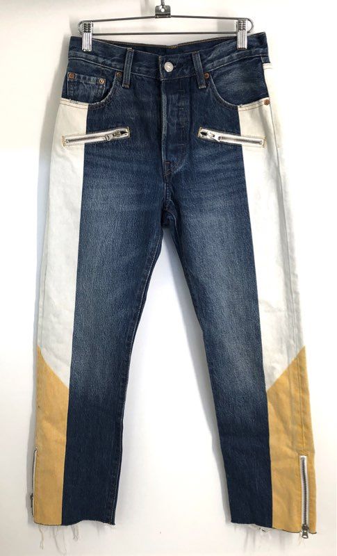 Levi's Women's Custom Reconstructed 501 Jeans Blue White Yellow Colorblock Sz 26