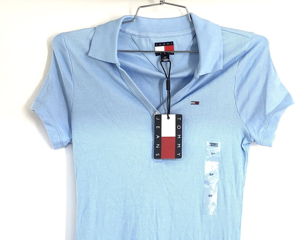 Tommy Jeans Women's Light Blue Ribbed Short Sleeve Skater Polo Dress NWT Sz S