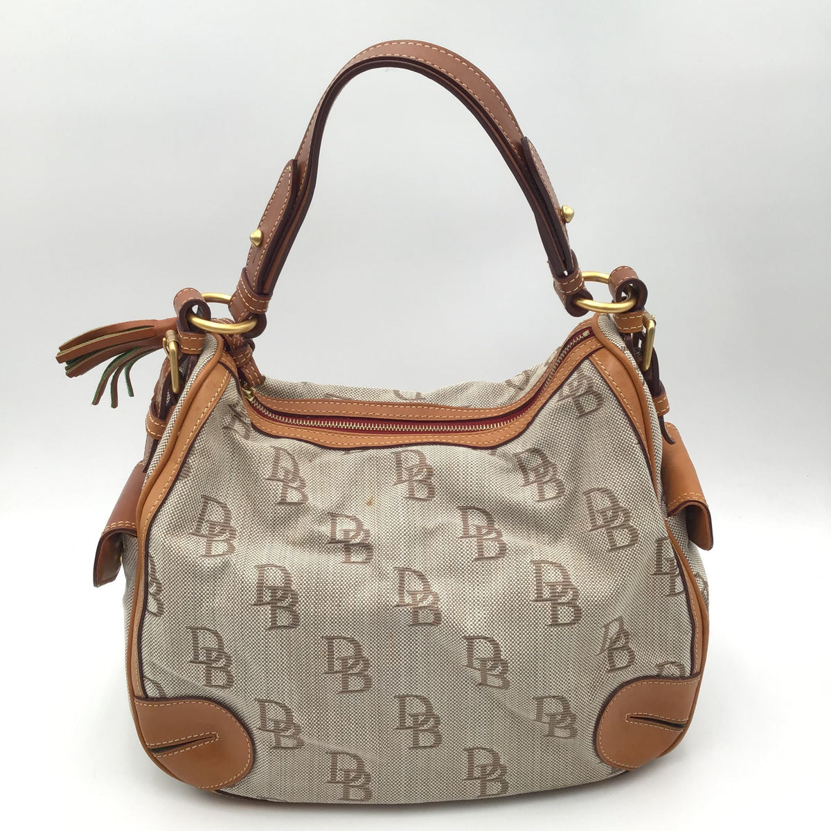 Authentic Dooney &amp; Bourke Women&#39;s Tan Luxury Logo Print Hobo Bag - COA Included