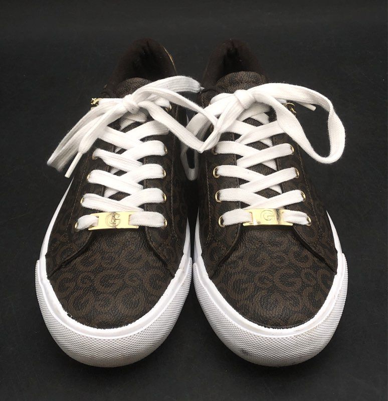 G by GUESS Lani Brown Monogram Gold Low Top Fashion Sneakers Women's Size 8