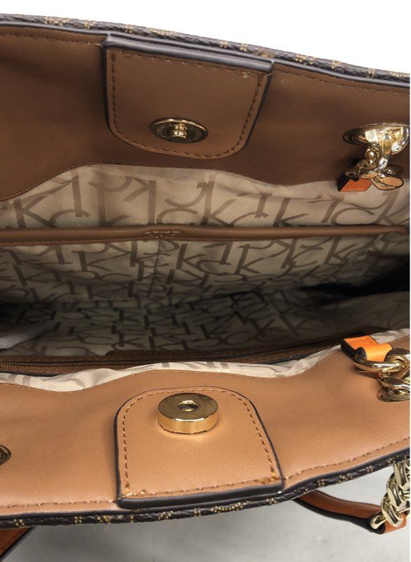 Calvin Klein Brown Monogram Coated Canvas Tote Bag Orange Gold Hardware
