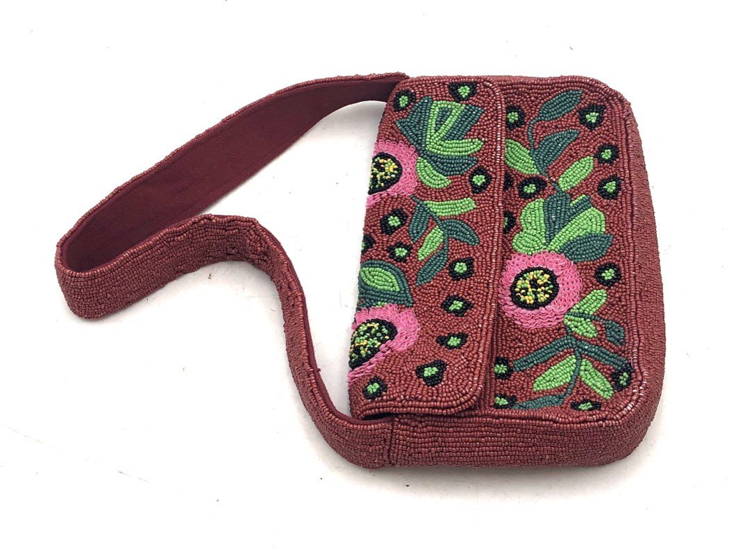 America Beyond Burgundy Beaded Floral Shoulder Baguette Bag Pink Green Small
