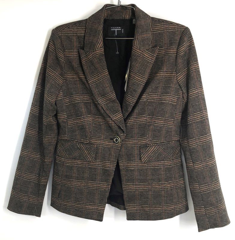 Tahari Women's Brown Black Plaid Petite Single Button Blazer Sz 6P NWT